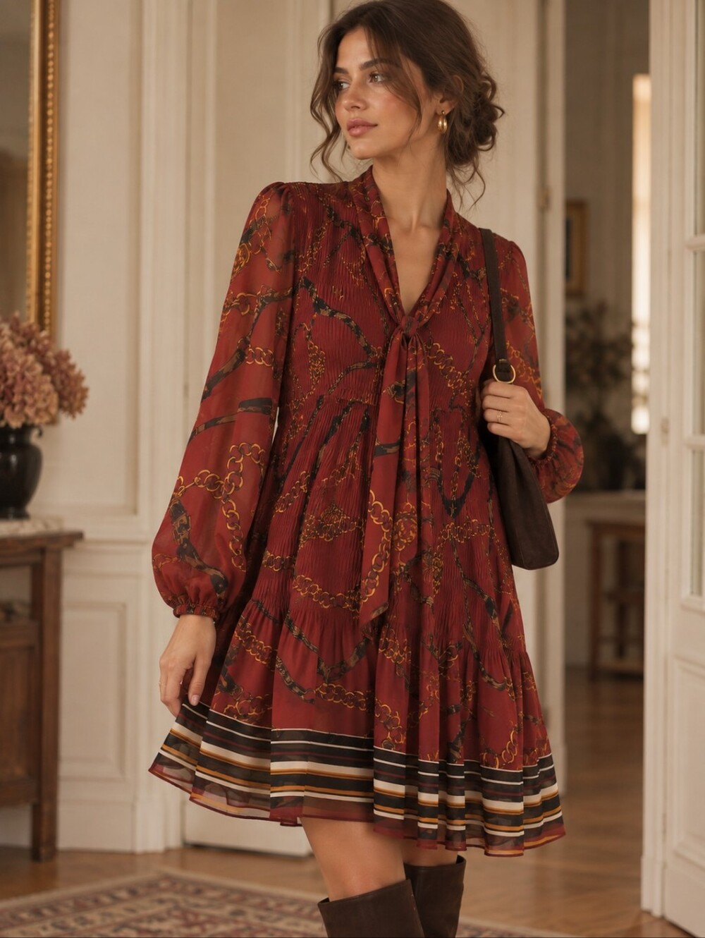 Le Chateau Burgundy Chain-Print Long Semi Sheer Sleeve Dress Collar Detail